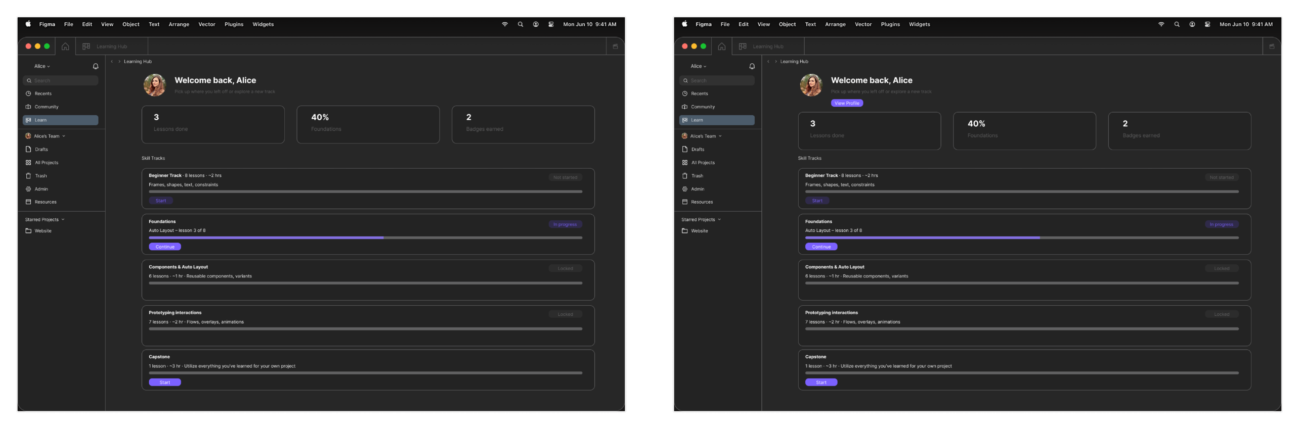 Before and after screens of the Learning Hub, adding a persistent View Profile button