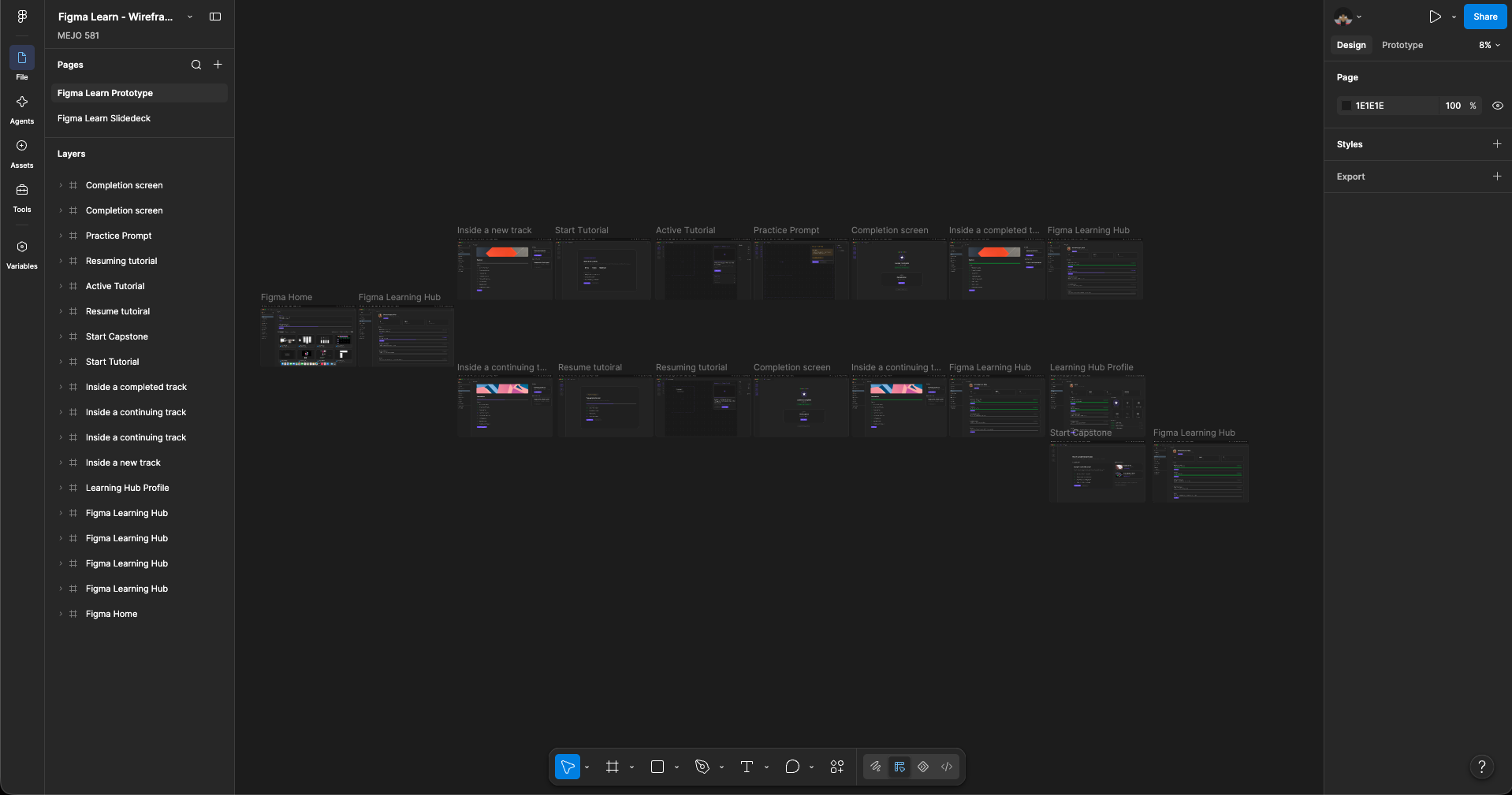 Figma canvas of the 13-screen Figma Learn prototype