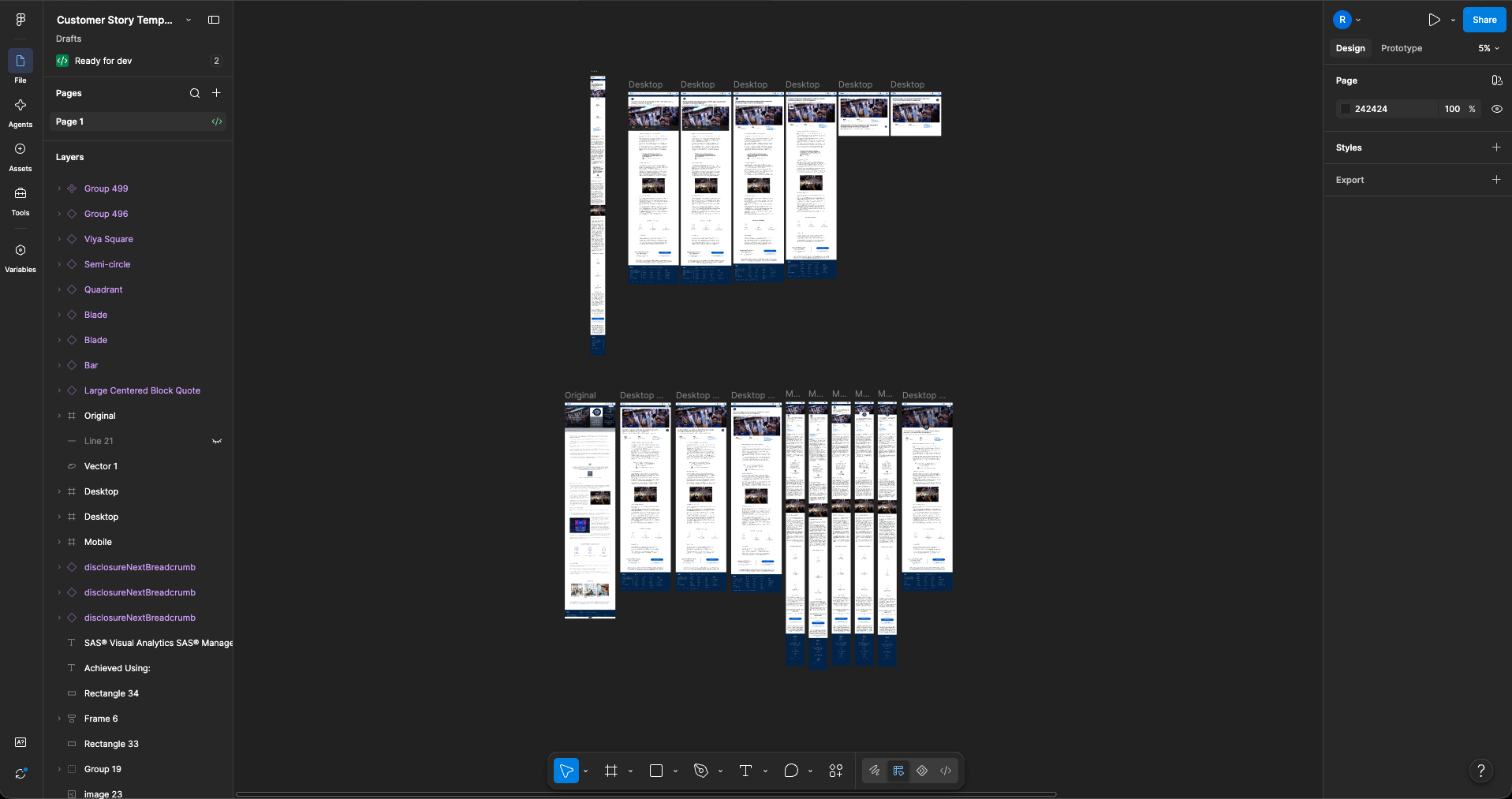 Figma canvas of the customer success story page templates