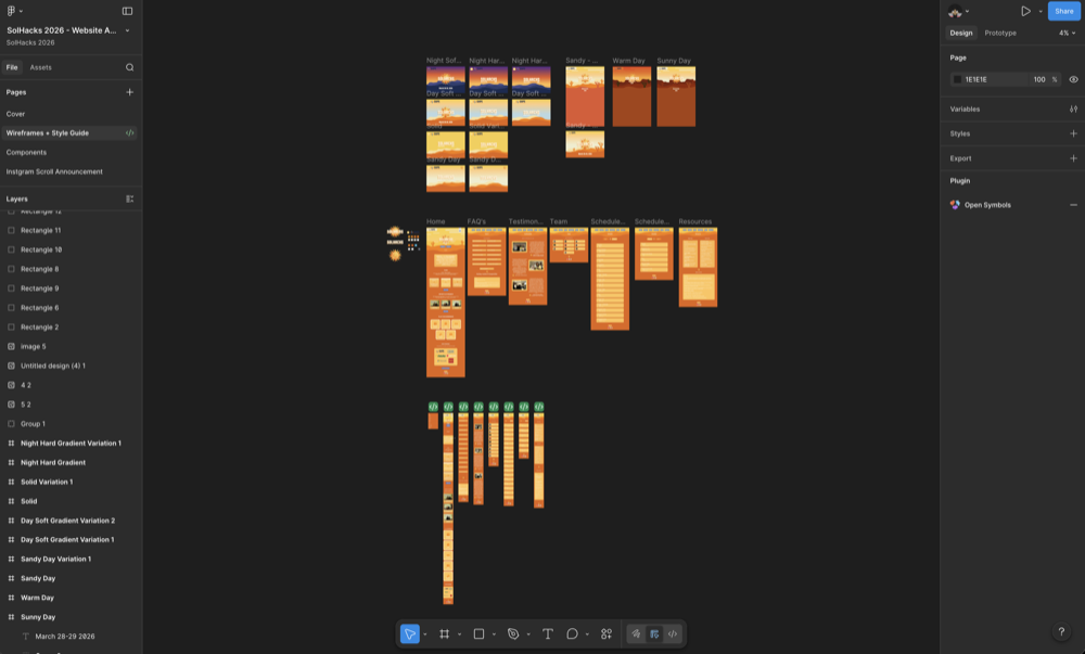 Figma canvas of the 2026 responsive SolHacks mockups